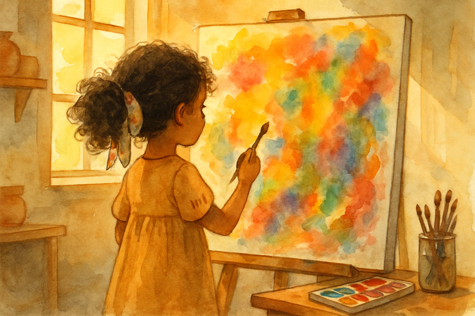 Mia in her sun-drenched studio, standing before a canvas filled with every color imaginable