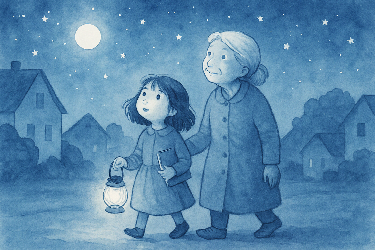 Mia and her grandmother walking through a moonlit neighborhood, Mia carrying a small lantern