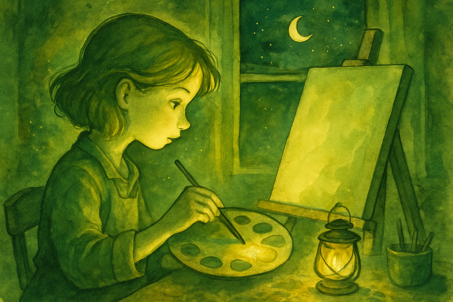 Mia at her easel mixing paints by lantern light, a new color emerging on her palette
